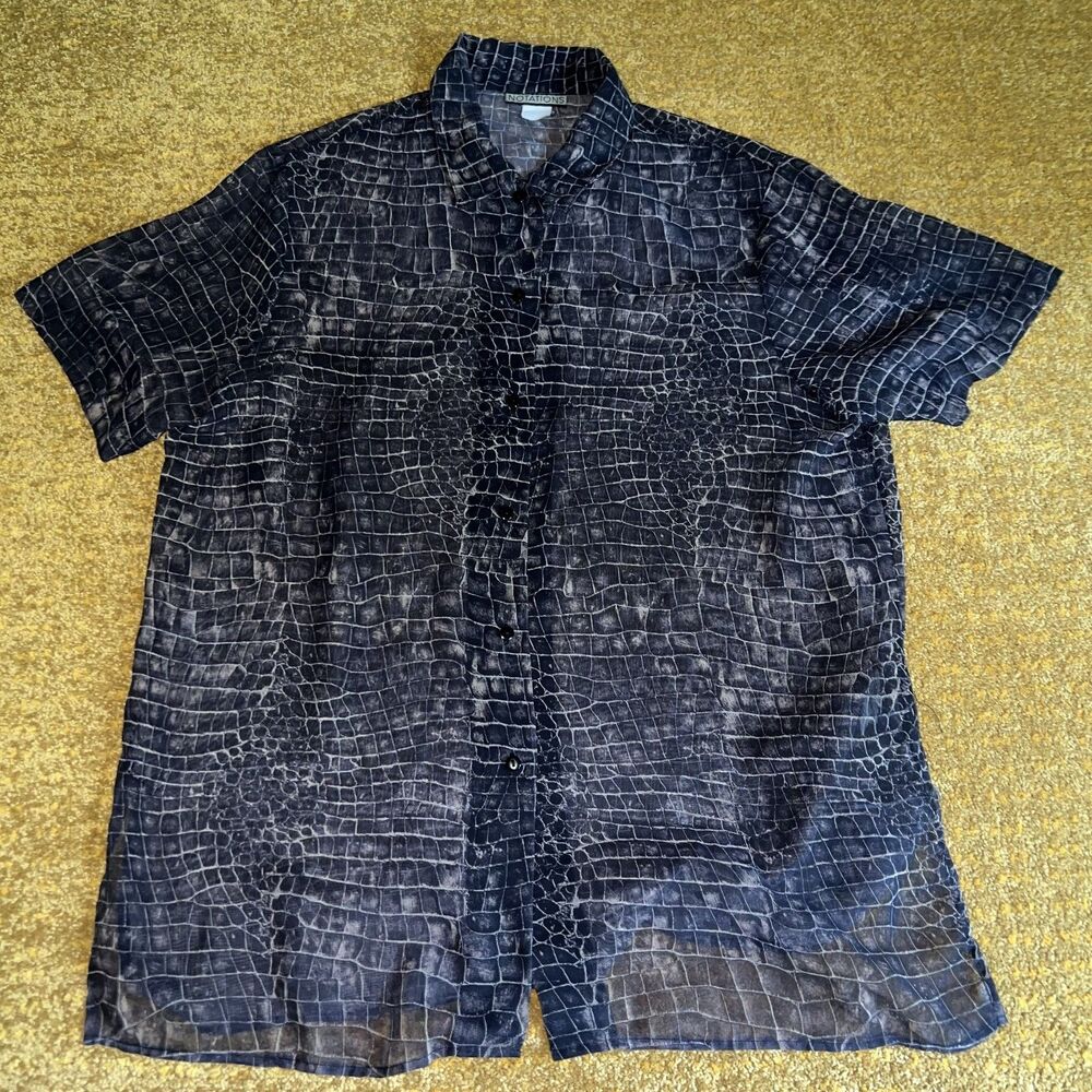Vintage 90s Notations Button Up Shirt Snakeskin Print Grunge Oversized Sheer